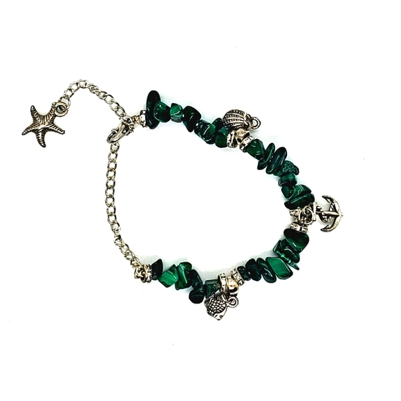 Malachite Natural Stone Chip Bracelet with Silver Sea 🌊 Charms - Picture 1 of 2